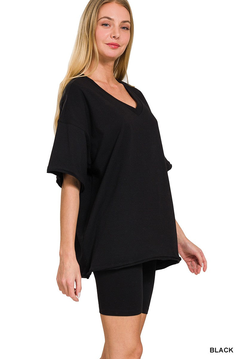 Cotton V-neck Top & Biker Shorts Set - Regular & Plus