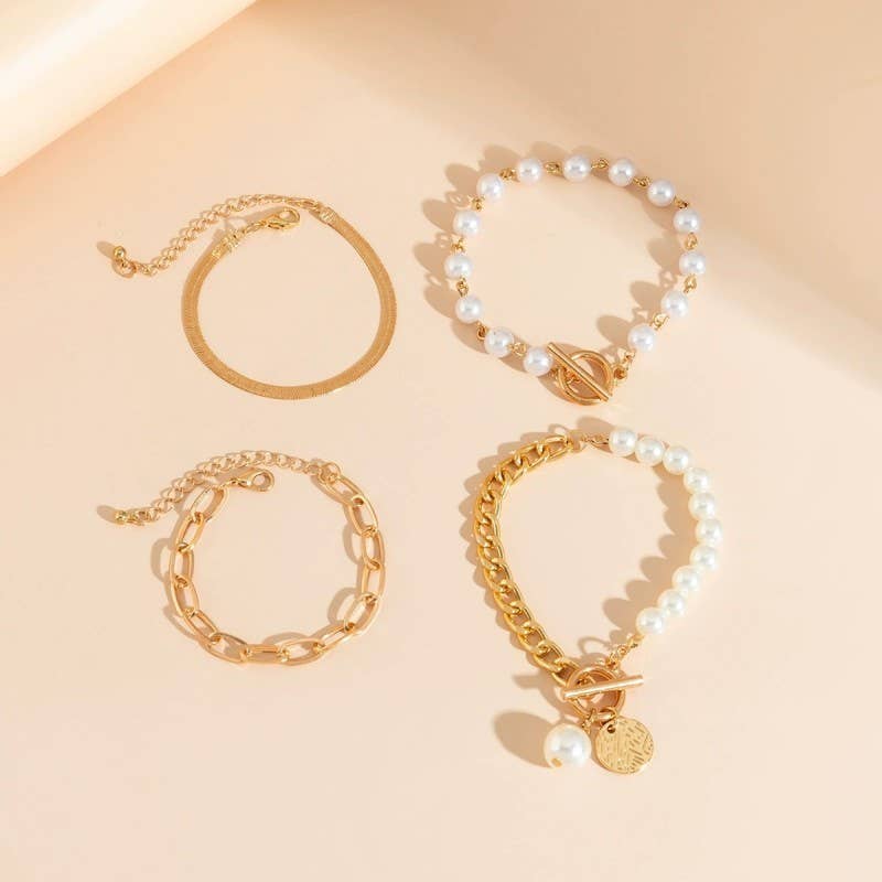Multilayer Pearl Chain Herringbone Mix Bracelet Set