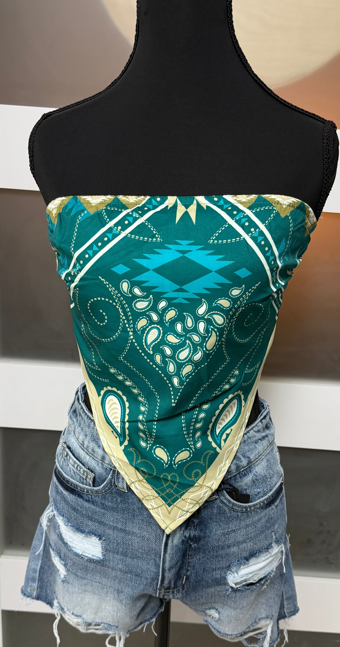 Teal Aztec Cream BootStitch Printed Strapless Peak Top