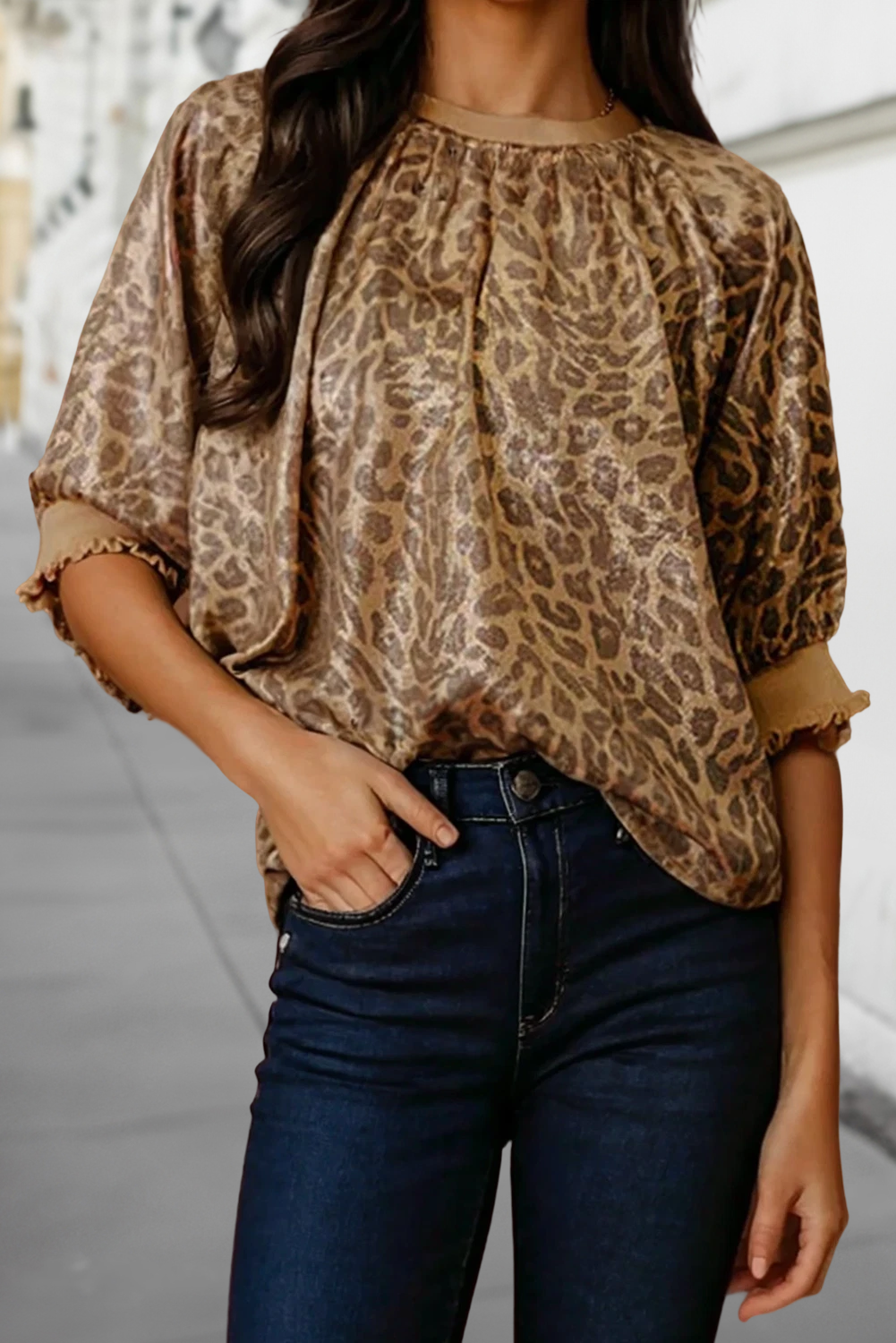 Leopard Print Half Sleeve Metallic Blouse