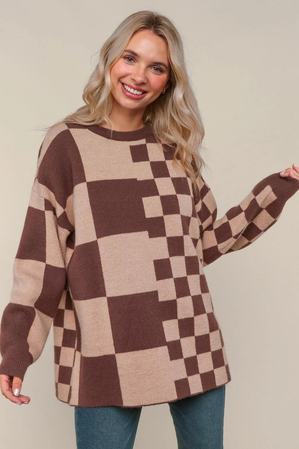 Mocha Loose Fit Checkered Sweater