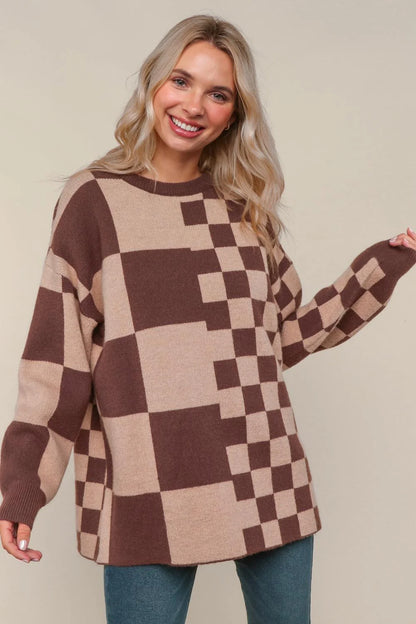 Mocha Loose Fit Checkered Sweater