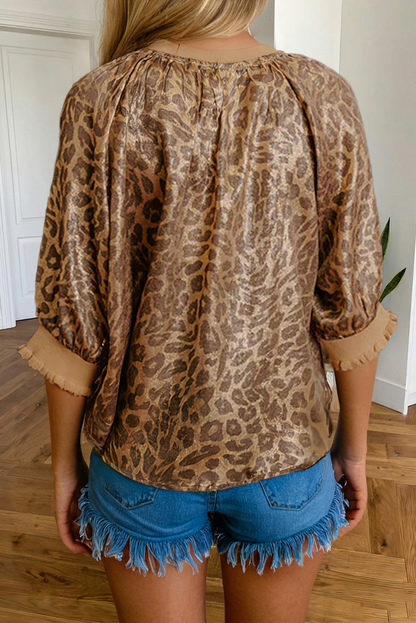 Leopard Print Half Sleeve Metallic Blouse