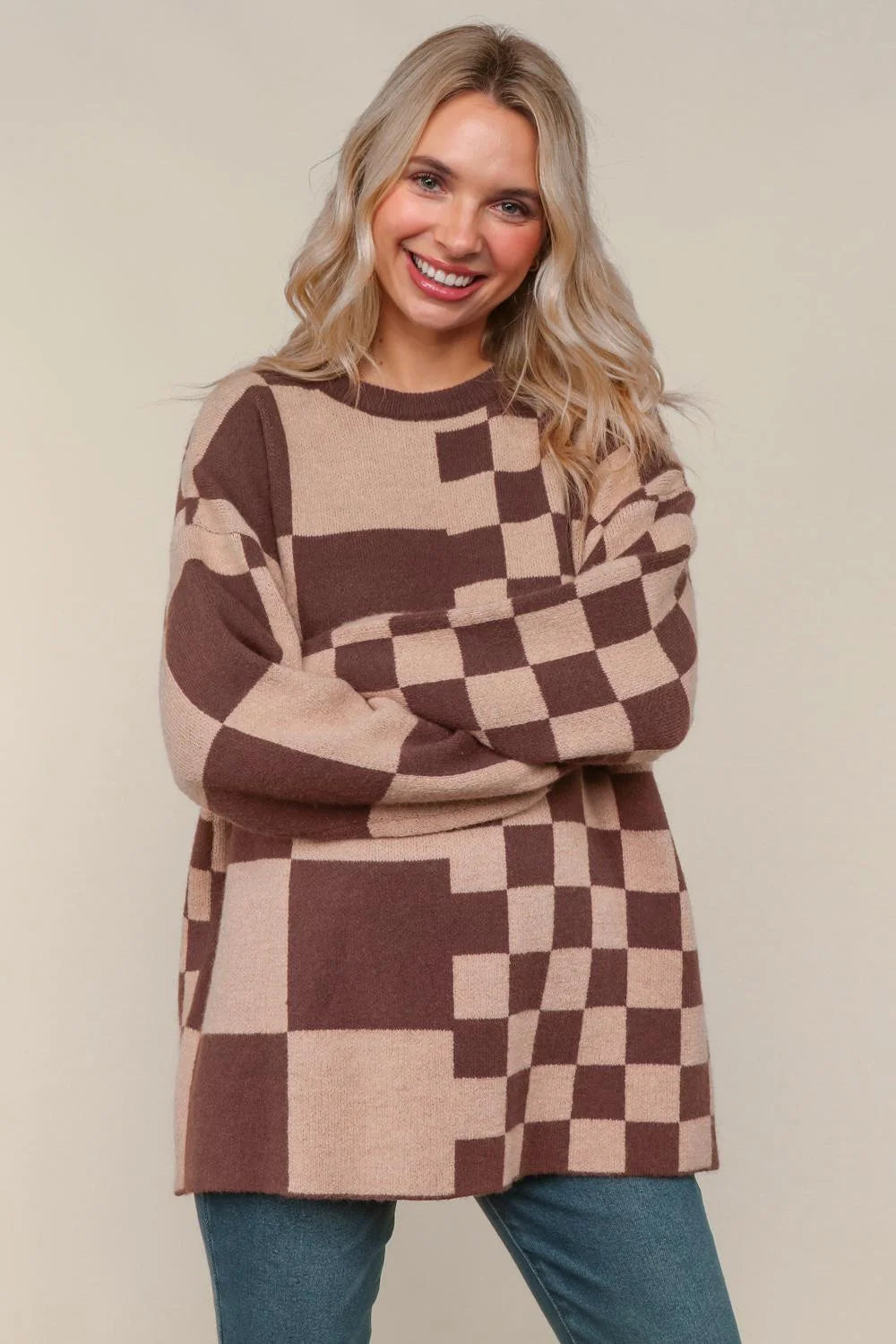 Mocha Loose Fit Checkered Sweater