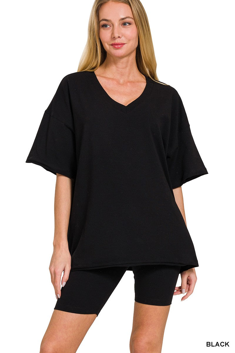 Cotton V-neck Top & Biker Shorts Set - Regular & Plus