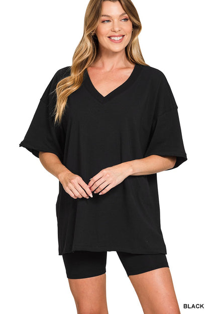 Cotton V-neck Top & Biker Shorts Set - Regular & Plus