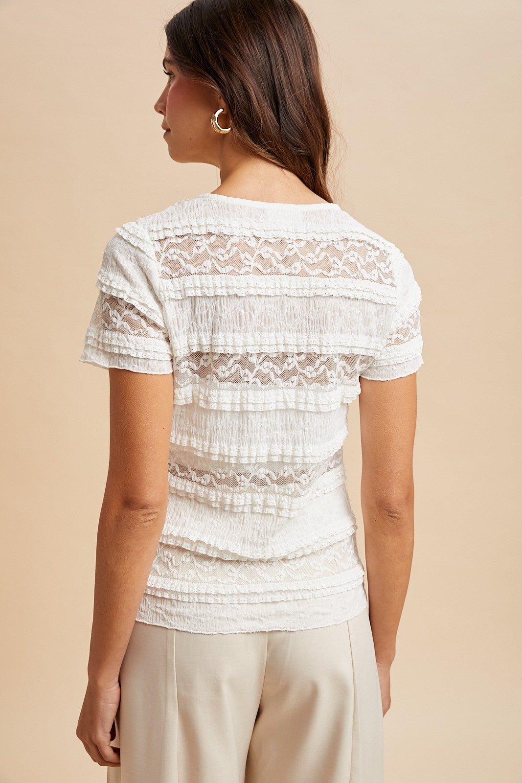 Stretch Frill Lace Short Sleeve Knit Top