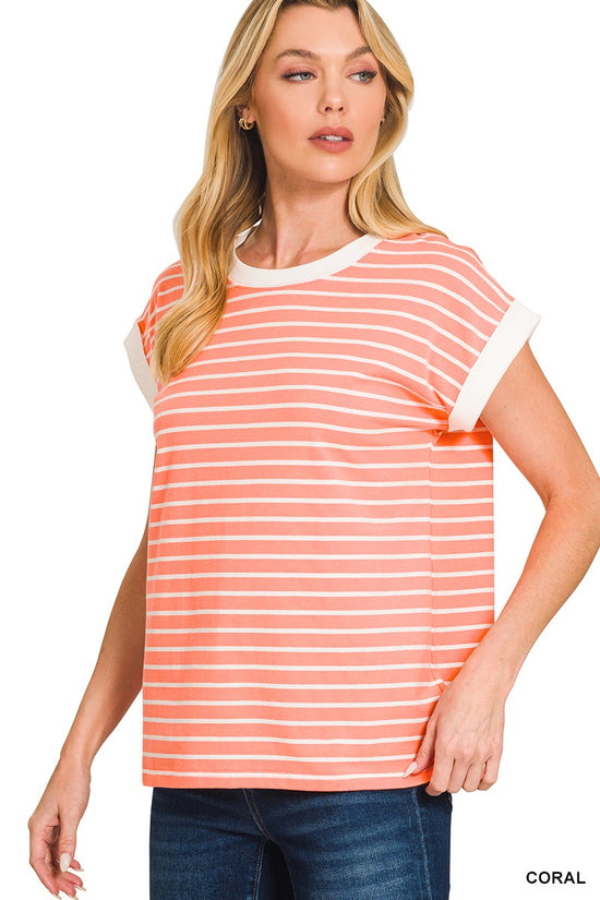 Contrast Trim Cap Sleeve Stripe Tee - Regular & Plus Size; Multiple Colors!