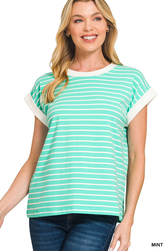Contrast Trim Cap Sleeve Stripe Tee - Regular & Plus Size; Multiple Colors!