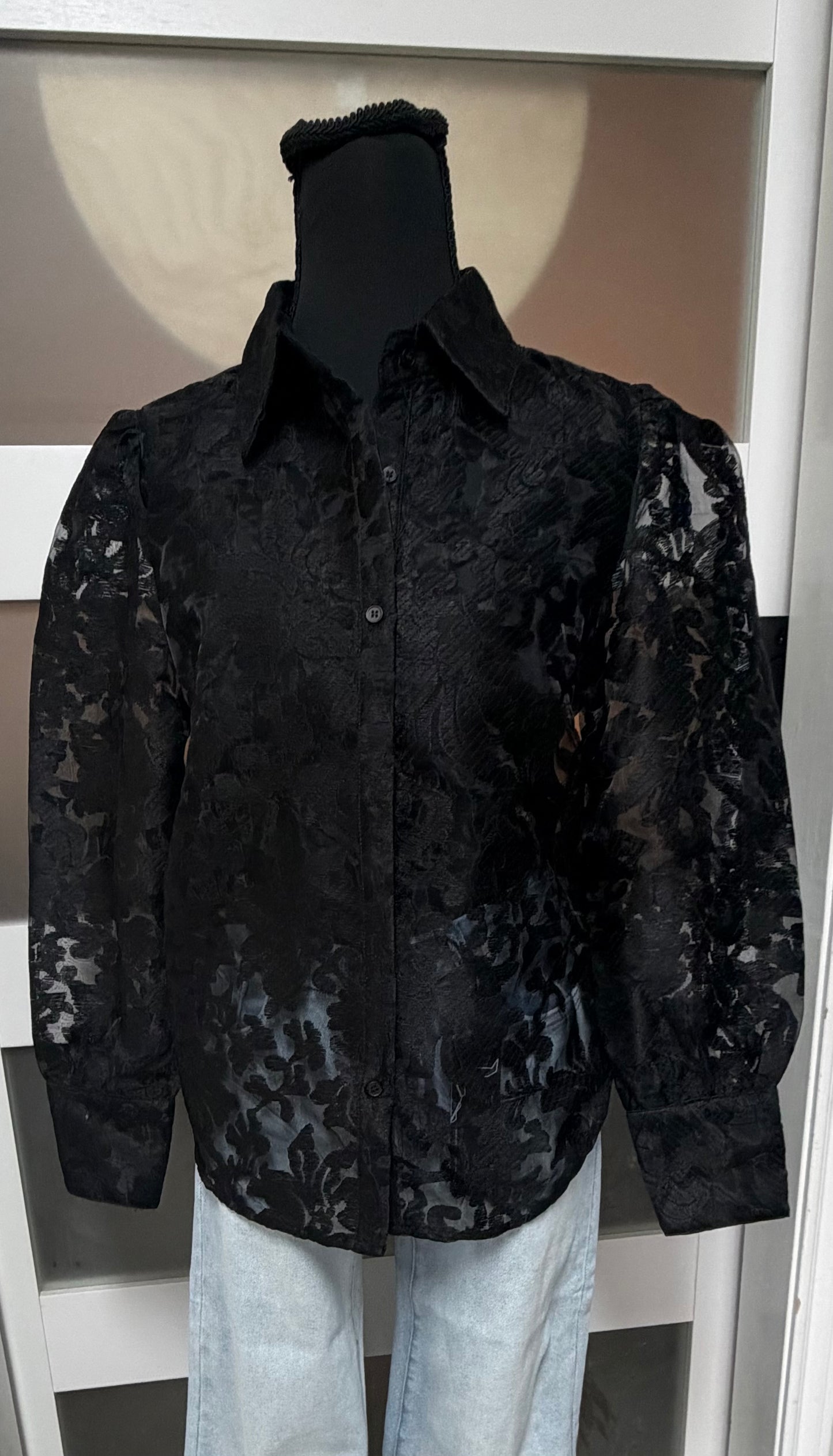 Black Lace Puff Sleeve Button Down Collared Top