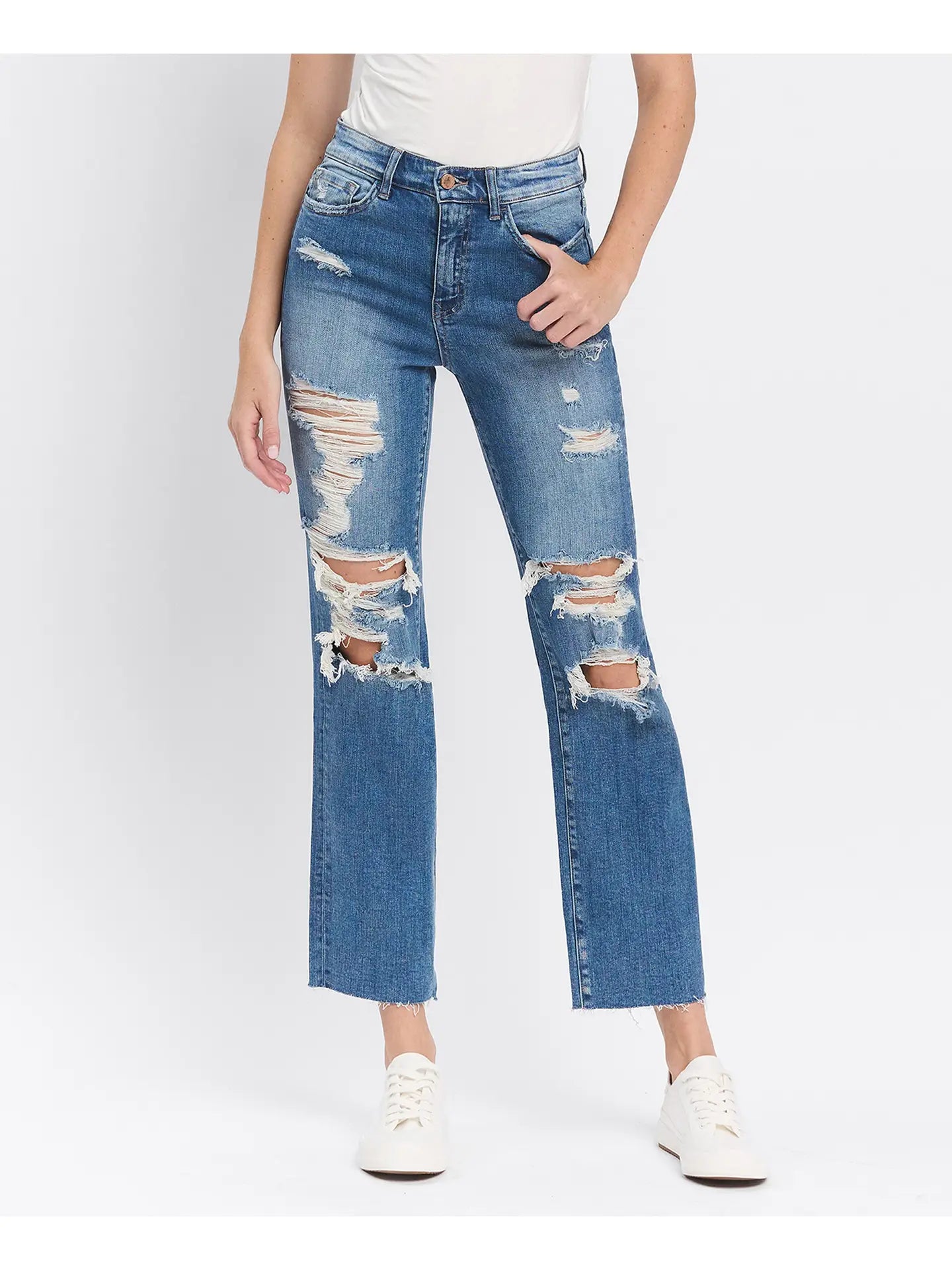 Flying Monkey High Rise Distressed Relaxed Ankle Straight Jeans