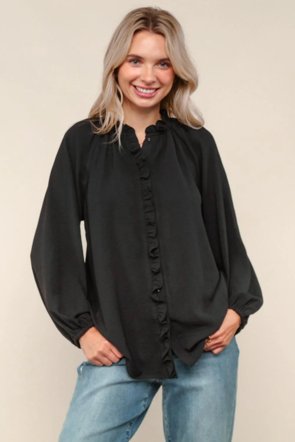 Black Ruffled Button Down