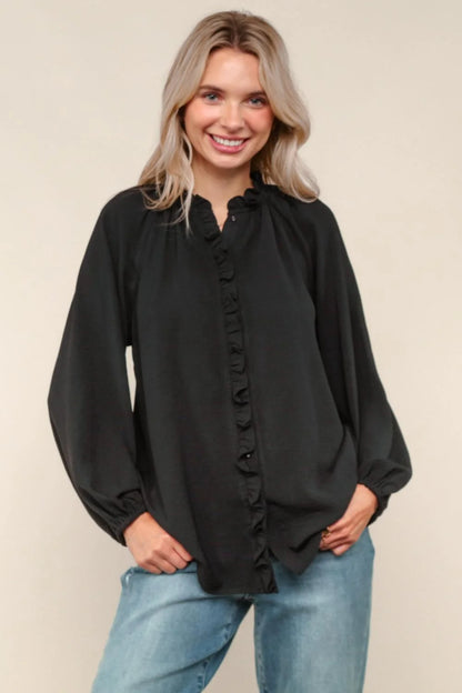 Black Ruffled Button Down