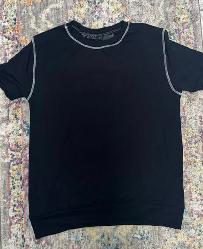 Black Relaxed Contrast Stitch Short Sleeve Top