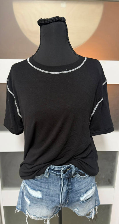 Black Relaxed Contrast Stitch Short Sleeve Top