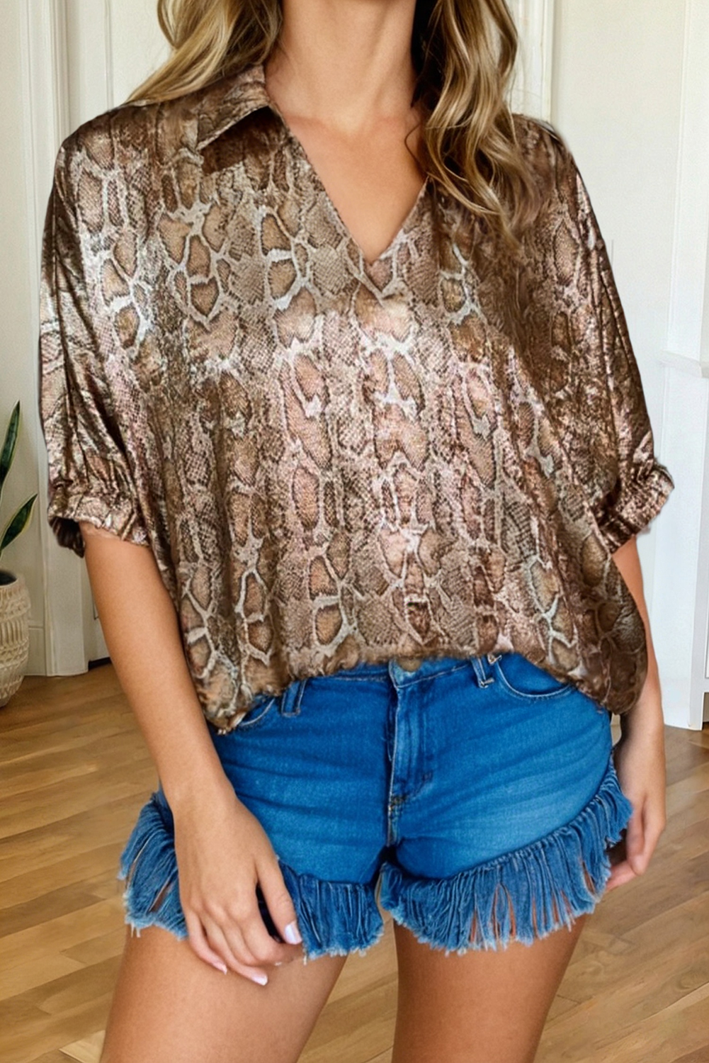 Metallic Leopard Collared Short Sleeve Blouse