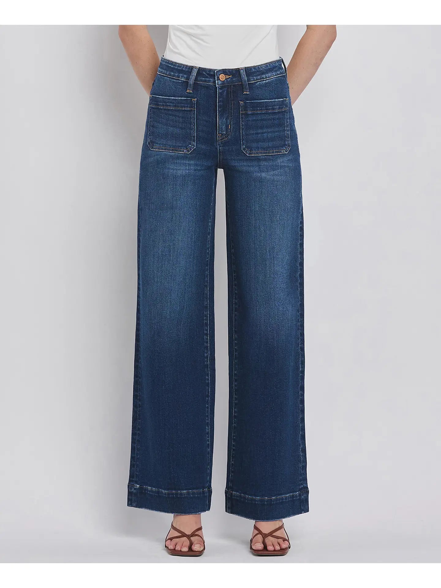 Flying Monkey High Rise Patch Pocket Trouser Hem Wide Jeans