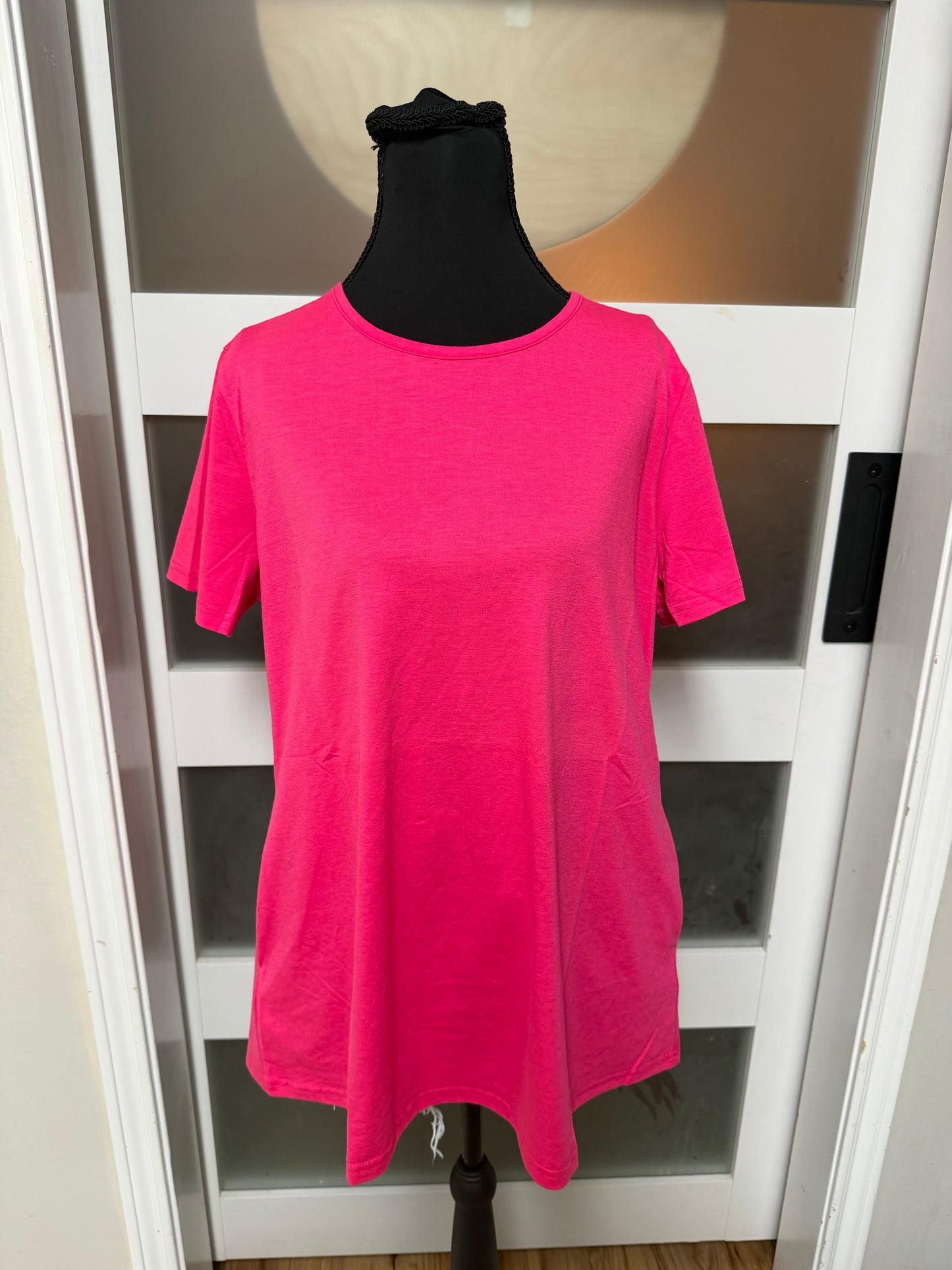 Neon Pink Crewneck Top W Straight Hem & Side Seam Pockets