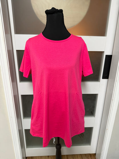 Neon Pink Crewneck Top W Straight Hem & Side Seam Pockets
