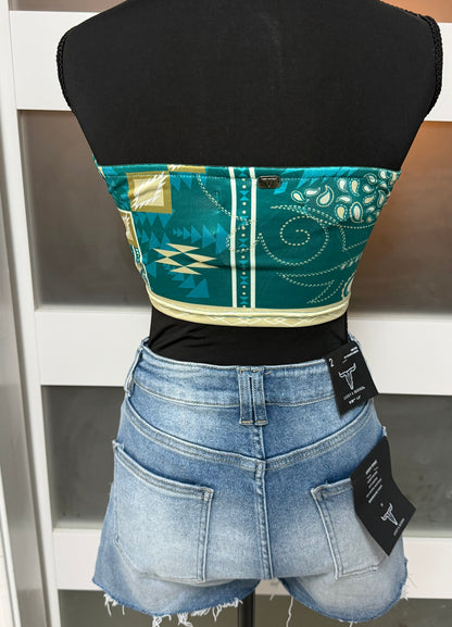 Teal Aztec Cream BootStitch Printed Strapless Peak Top