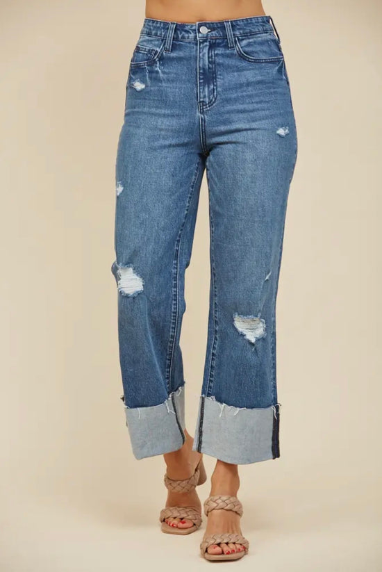 Straight Leg Boyfriend Fit Cuffed Jeans
