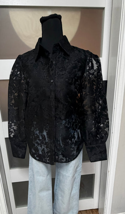 Black Lace Puff Sleeve Button Down Collared Top