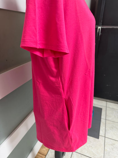 Neon Pink Crewneck Top W Straight Hem & Side Seam Pockets