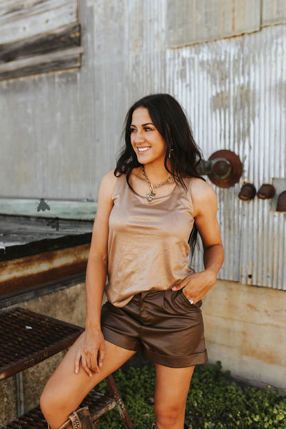 Faux Leather Tank Top * Saddle