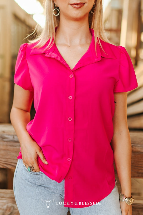 Fuchsia Button Down Ruffle Sleeve Blouse - Regular & Plus Size