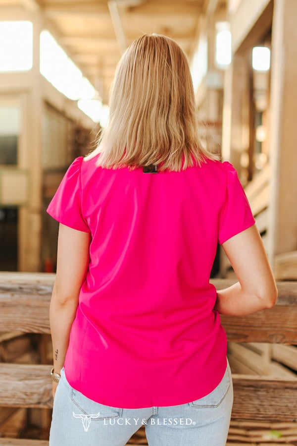Fuchsia Button Down Ruffle Sleeve Blouse - Regular & Plus Size