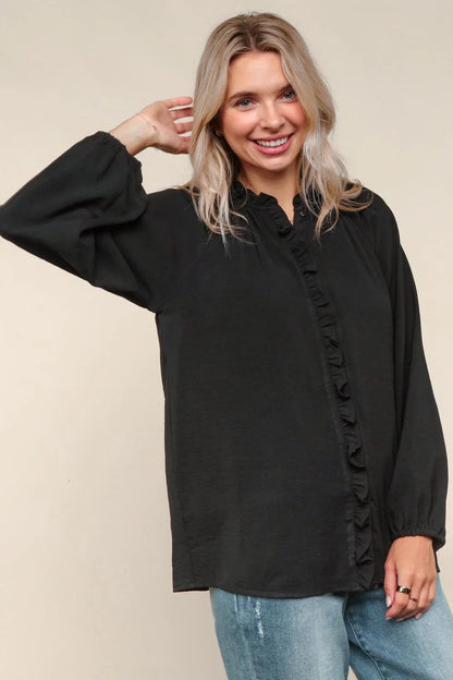 Black Ruffled Button Down