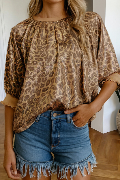 Leopard Print Half Sleeve Metallic Blouse