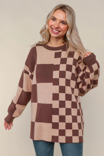 Mocha Loose Fit Checkered Sweater