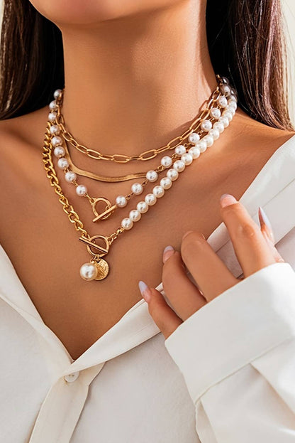 Aapparella - Gold Pearl Decor Plated Adjustable Chain Layered Necklace