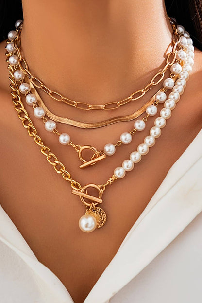 Aapparella - Gold Pearl Decor Plated Adjustable Chain Layered Necklace