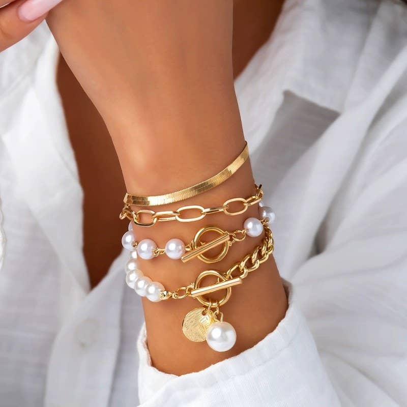 Multilayer Pearl Chain Herringbone Mix Bracelet Set