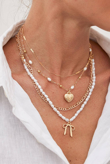 Aapparella - Bow Heart Pendant Pearl Chaining Plated Necklace