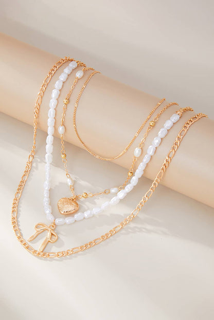 Aapparella - Bow Heart Pendant Pearl Chaining Plated Necklace