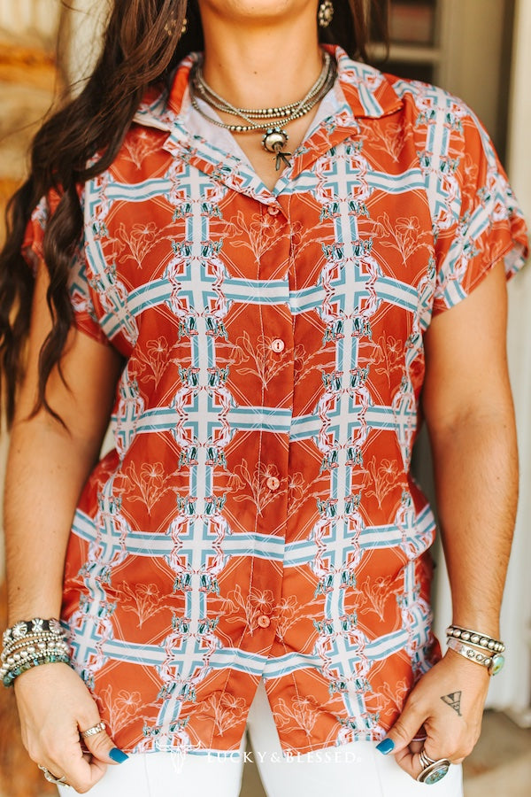 Burnt Orange Paisley Printed Button Down Collared Shirt Plus Size